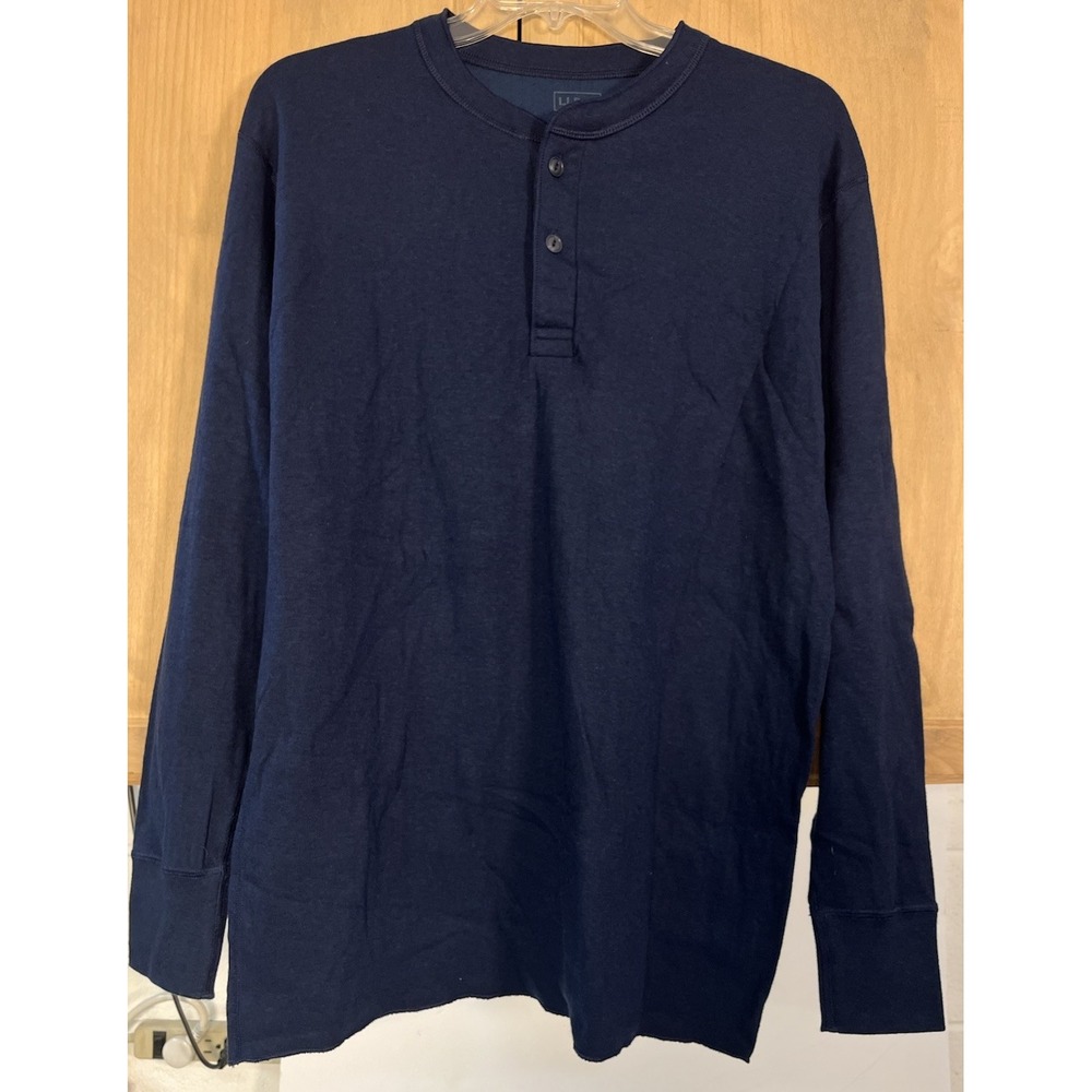 L.L. Bean Henley Shirt Mens Large‎ Navy Blue Wool Blend Long Sleeve Traditional